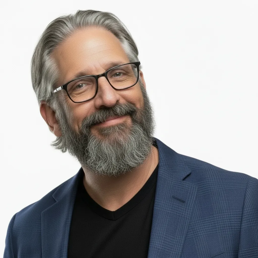 Smiling man with gray hair and beard wearing glasses and a blue blazer