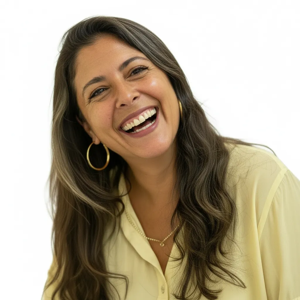 Woman with long dark hair laughing wearing a yellow blouse